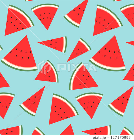スイカ柄のシームレスパターン。青色の背景にカットされた西瓜のイラストが散りばめられた壁紙。 スイカ柄のシームレスパターン。青色の背景にカットされた西瓜のイラストが散りばめられた壁紙。 127170995