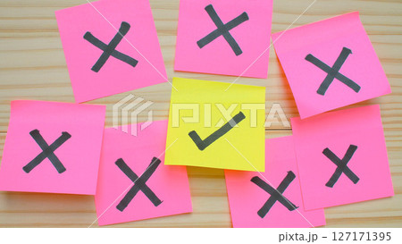 A standout yellow sticky note with a check mark among many pink notes marked with X, symbolizing the concept of the right choice A standout yellow sticky note with a check mark among many pink notes marked with X, symbolizing the concept of the right choice 127171395