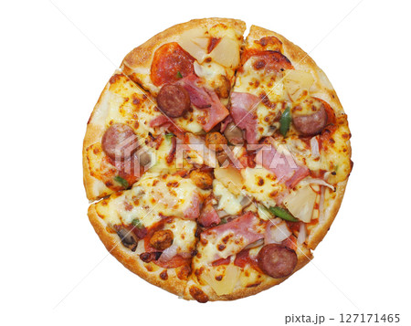 Top view of a fully loaded supreme pizza on white background, topped with sausage, ham, pepperoni, pineapple, mushrooms, onions, and green bell peppers. Top view of a fully loaded supreme pizza on white background, topped with sausage, ham, pepperoni, pineapple, mushrooms, onions, and green bell peppers. 127171465