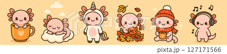 Cute kawaii axolotl characters in seasonal outfits: in cup, on cloud, unicorn costume, with leaves, winter clothes, and headphones. Perfect for kids and seasonal projects. Cute kawaii axolotl characters in seasonal outfits: in cup, on cloud, unicorn costume, with leaves, winter clothes, and headphones. Perfect for kids and seasonal projects. 127171566