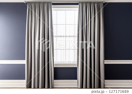 Elegant grey curtains with metal rings hanging on a chrome cornice. Minimalistic style. Perfect for advertising, home goods, interior design, furniture brands, home decor. Place for your text. Banner 127171689