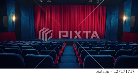 Empty cinema hall with blue seats and closed red curtains on the stage. Symmetrical interior, soft lighting, cozy atmosphere. Ideal for entertainment, film screenings or performance concepts. Banner 127171717