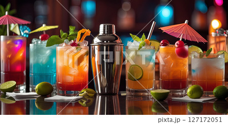A vibrant display of assorted cocktails arranged on a reflective bar surface, illuminated by colorful backlighting. A vibrant display of assorted cocktails arranged on a reflective bar surface, illuminated by colorful backlighting. 127172051