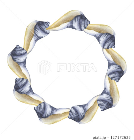 Seashell monochrome blue and beige watercolor round frame. Hand drawn isolated deep sea life clipart, banner template for poster, card, wedding invitation, earth day web banner ,packing design Seashell monochrome blue and beige watercolor round frame. Hand drawn isolated deep sea life clipart, banner template for poster, card, wedding invitation, earth day web banner ,packing design 127172625