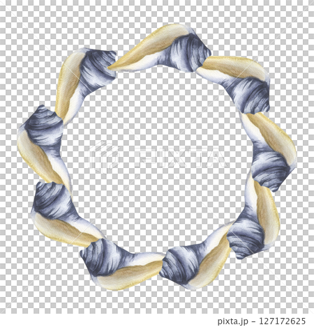 Seashell monochrome blue and beige watercolor round frame. Hand drawn isolated deep sea life clipart, banner template for poster, card, wedding invitation, earth day web banner ,packing design Seashell monochrome blue and beige watercolor round frame. Hand drawn isolated deep sea life clipart, banner template for poster, card, wedding invitation, earth day web banner ,packing design 127172625