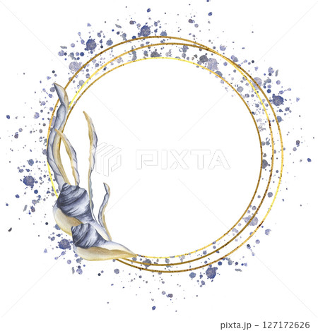 Aquatic banner template with sea shell and weeds watercolor illustration in golden frame with watercolor blue splash.Romantic wreath with deep sea elements clipart for poster, invitation design 127172626