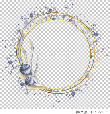 Aquatic banner template with sea shell and weeds watercolor illustration in golden frame with watercolor blue splash.Romantic wreath with deep sea elements clipart for poster, invitation design 127172626