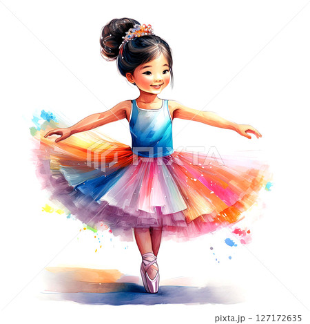カラフルなチュチュを着た小さなバレリーナの女の子の水彩画 127172635