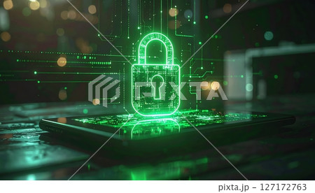 futuristic digital security concept with glowing green lock symbol on smartphone screen representing cybersecurity technology and data protection 127172763