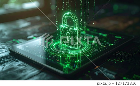 Digital Security Concept with Green Lock Icon Hologram Emerging from Smartphone Screen Representing Data Protection and Cybersecurity Technology 127172810