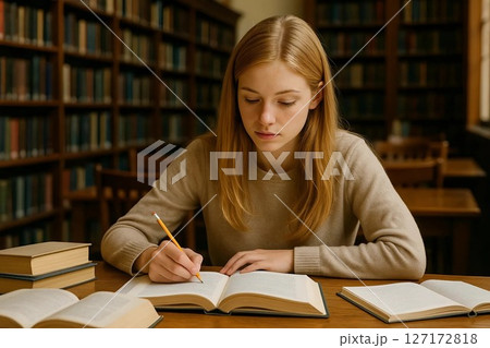 Blonde Girl Focused on Studying in a Quiet Library Blonde Girl Focused on Studying in a Quiet Library 127172818