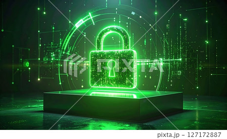 Futuristic digital security concept with glowing green padlock surrounded by digital data streams and technological effects representing cybersecurity protection 127172887