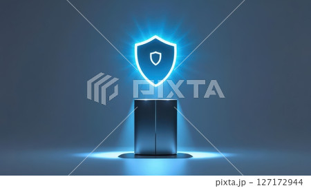 Modern digital shield icon glowing with light representing cybersecurity, online protection, data security, digital safety, and internet security concept 127172944