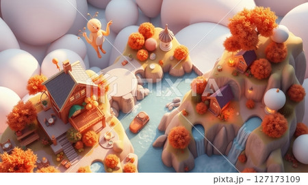 Whimsical Landscape: A Charming Cartoon Village 127173109