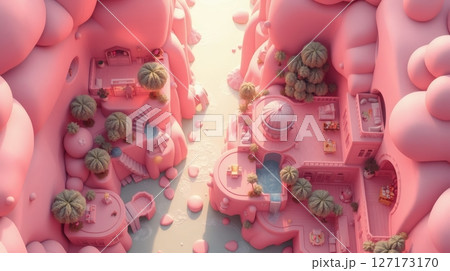 Whimsical Pink Island Paradise with Lush Greenery 127173170