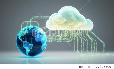 holographic globe with binary code streams flowing into glowing cloud, representing digital connectivity and data transfer in modern world 127173309