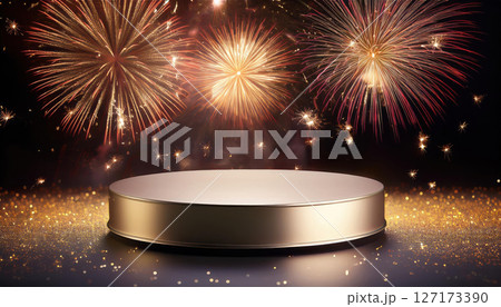 minimalist round podium with shiny metallic finish, set against backdrop of vibrant fireworks, creates festive and celebratory atmosphere minimalist round podium with shiny metallic finish, set against backdrop of vibrant fireworks, creates festive and celebratory atmosphere 127173390