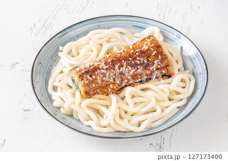 Udon Noodles With Baked Eel And Sweet Unagi Sauce In Bowl Udon Noodles With Baked Eel And Sweet Unagi Sauce In Bowl 127173400