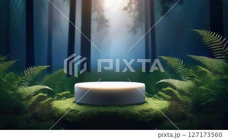 glowing podium in serene forest clearing, surrounded by tall ferns and misty trees, creates magical atmosphere. soft light enhances tranquil setting 127173560