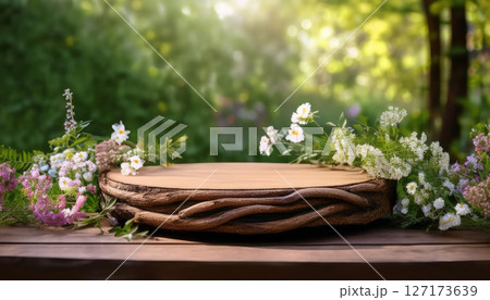 rustic podium made of intertwined branches, surrounded by blooming wildflowers and soft greenery, creates serene and enchanting atmosphere in nature 127173639
