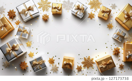 Brightly wrapped gift boxes in gold and silver surround clean white background, creating festive atmosphere perfect for celebrations and holidays 127173738