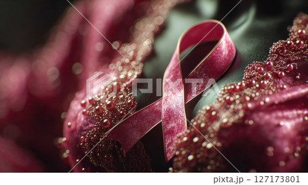 A velvet pink breast cancer awareness ribbon lies gently over ornate, beaded magenta fabric in soft lighting 127173801
