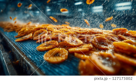 Close-up view of banana chips being processed on a conveyor belt under a stream of water in a food factory 127173802