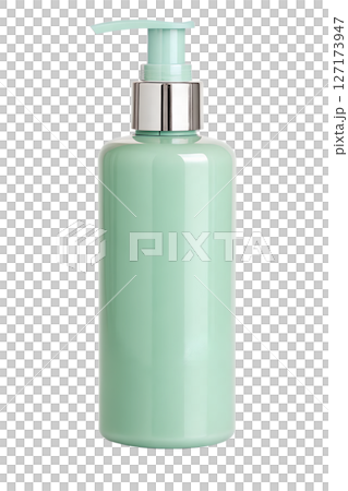Green cosmetic pump bottle isolated on transparent background, eco-friendly packaging, beauty product, minimalist design 127173947