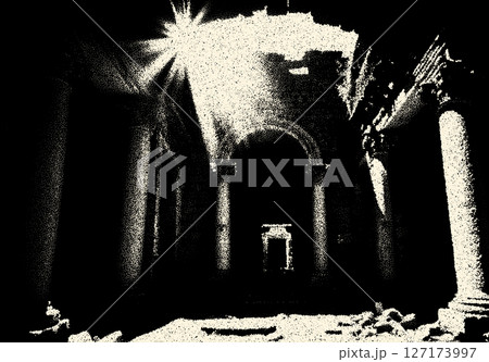 Ancient ruins in sci-fi scene with dotwork retro style. Mysterious gate debris with dramatic lights and retro texture Ancient ruins in sci-fi scene with dotwork retro style. Mysterious gate debris with dramatic lights and retro texture 127173997