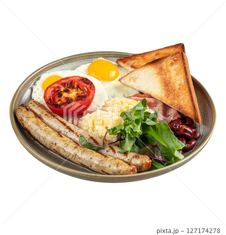 Isolated breakfast with fries eggs and sausages 127174278