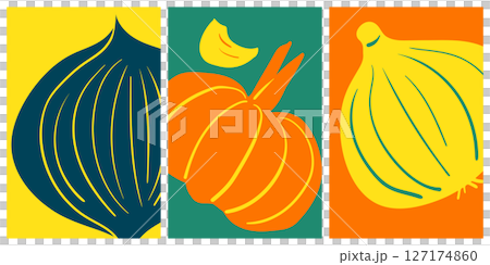 Set of 3 poster designs for healthy food concept, Veggie Time! Series. Silhouette garlic, red onion and onion illustration in minimal style, Vibrant green, yellow, blue and orange colors. 127174860