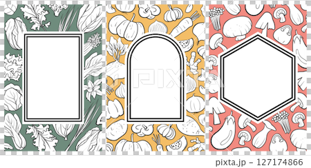 Set of 3 poster designs for healthy food concept, Veggie Time! Series. Cute hand drawn mix vegetables illustration in details on background with frame and copy space. Green, yellow and pink colors. Set of 3 poster designs for healthy food concept, Veggie Time! Series. Cute hand drawn mix vegetables illustration in details on background with frame and copy space. Green, yellow and pink colors. 127174866