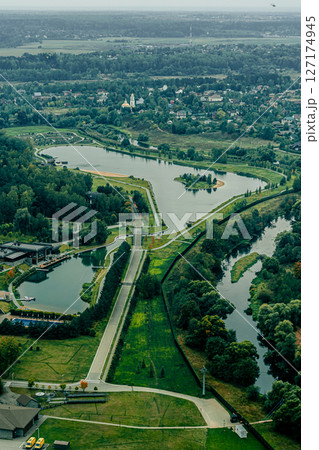 Aerial View of River and Artificial Lakes with Road Infrastructure Aerial View of River and Artificial Lakes with Road Infrastructure 127174945