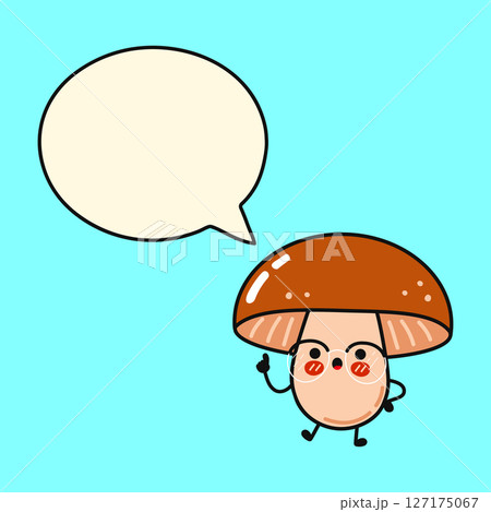 Cute Mushroom cartoon character raising finger and speaking with speech bubble on blue background 127175067