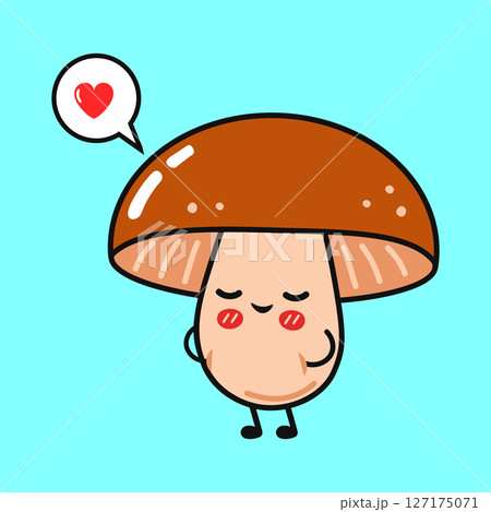 Cute Mushroom falling in love with heart shaped thought bubble on light blue background 127175071