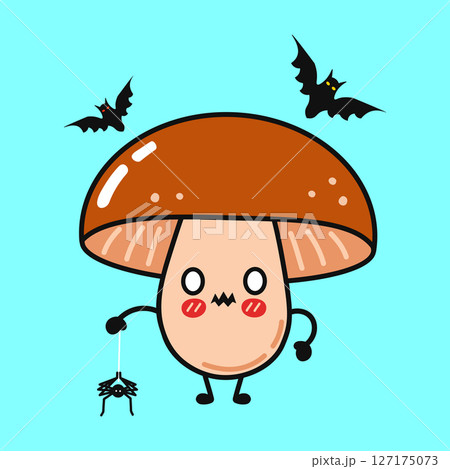 Cartoon Mushroom holding spider on string with two bats flying in the background celebrating halloween 127175073