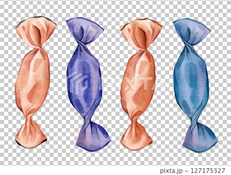 Orange, blue, purple colors candy set for Halloween. Watercolor hand drawn candies illustration for menu design, cards, invitations. 127175327
