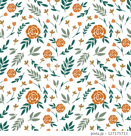Seamless pattern with flowers and leaves green and yellow Floral background 127175713