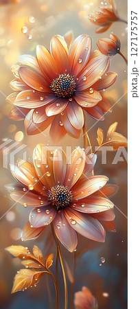 Golden Flowers Adorned with Dew in Magical Light 127175757
