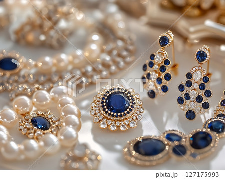 Exquisite Blue Sapphire and Pearl Jewelry on Elegant Display Exquisite Blue Sapphire and Pearl Jewelry on Elegant Display 127175993