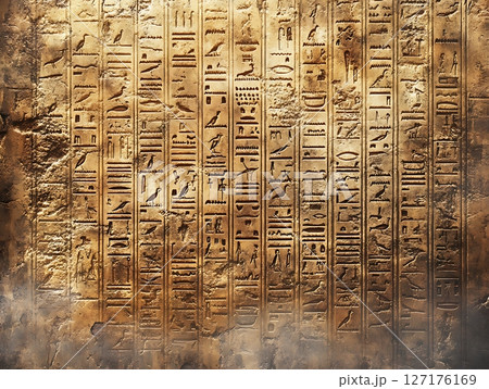 Ancient Egyptian Hieroglyphics on Weathered Stone Wall in Gold Hue 127176169