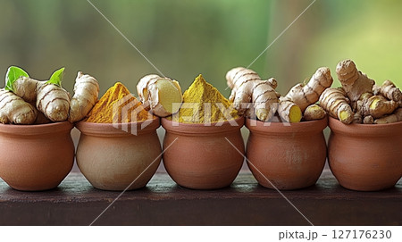 Fresh Ginger Turmeric Roots and Powder Healthy Spice Raw Pot Food Diet Clay Bowl Life Brown Aroma 127176230