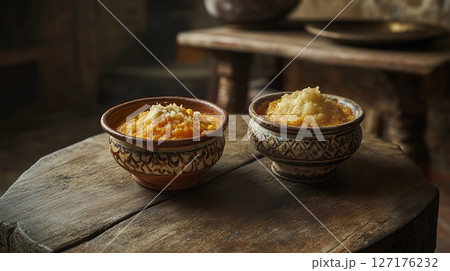 Delicious Autumn Pumpkin Soup Rustic Bowls Wooden Table old food meal cozy fall dish life vegan Delicious Autumn Pumpkin Soup Rustic Bowls Wooden Table old food meal cozy fall dish life vegan 127176232