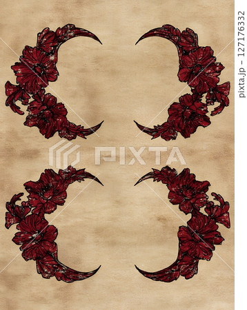Elegant Dark Red Floral Crescent Moon Design Vintage Style Antique Background Texture art old frame Elegant Dark Red Floral Crescent Moon Design Vintage Style Antique Background Texture art old frame 127176332