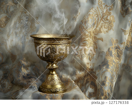 Ornate Golden Chalice Antique Vessel Smoking Incense Mystic Ritual Elegant Design cup art gray life 127176338