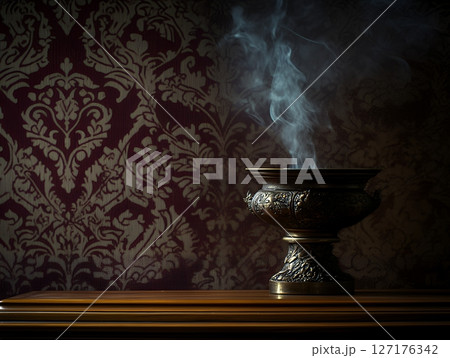 Antique Brass Incense Burner with Smoke Elegant Design Dark Background old zen art home life rich 127176342