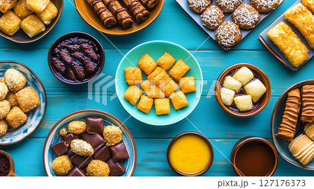 Delicious Assorted Sweet Treats Bakery Pastries Cookies Chocolate Snacks Food Photography top blue 127176373