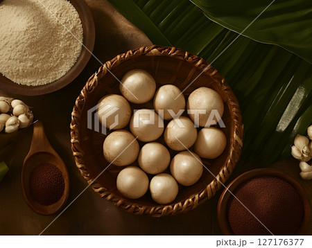Gourmet Creamy Balls in Basket Tropical Leaves Background Brown food life high still vegan plant 127176377