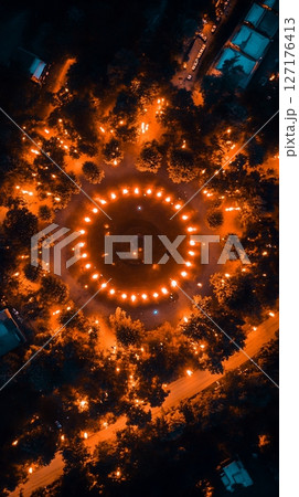 Aerial Night View Illuminated Circular Park Trees Orange Lights Top Art Fire Glow Warm Dark Down 127176413