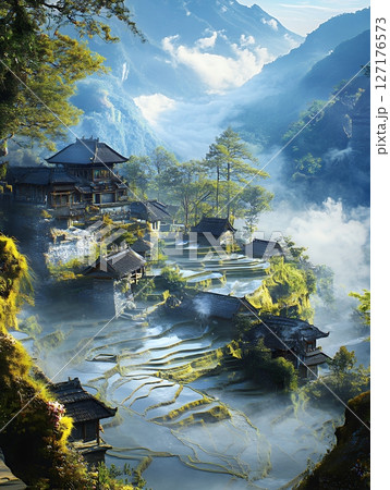 Misty Mountain Village Scenic Rice Terraces Asian Houses fog blue calm view water green rural homes 127176573